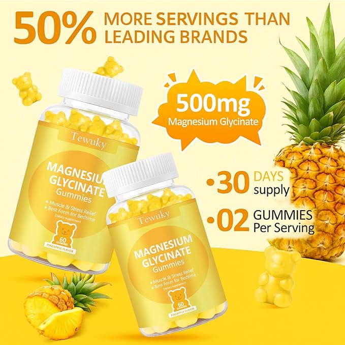 Magnesium Glycinate Gummies 500mg, Sugar-Free for Adults & Kids, Magnesium Gummies for Sleep, Stress & Muscle Relief, Supports Bone & Nerve Health, Vegan, Pectin-Based, 60 Count, Pineapple Flavor