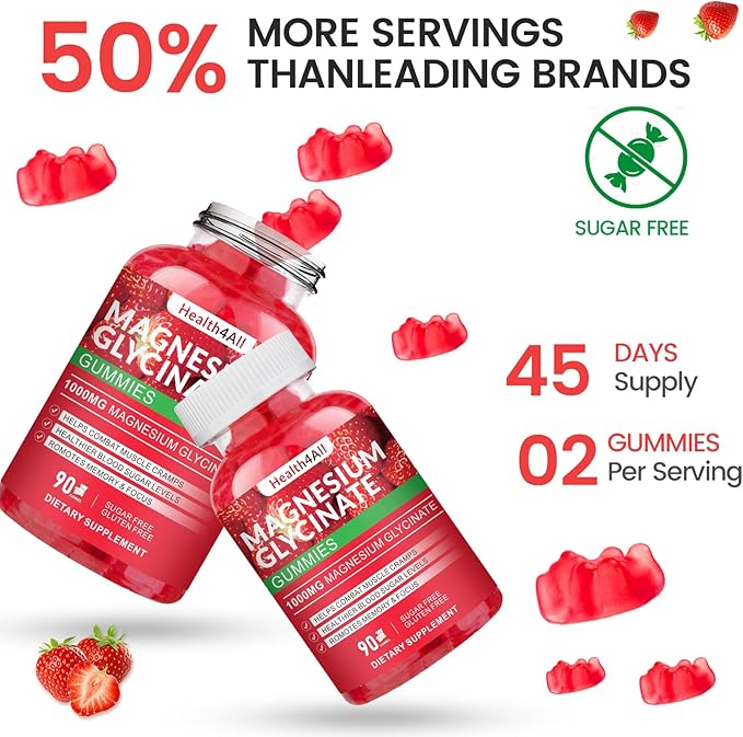Magnesium Glycinate Gummies 1000mg, High Absorption Sugar Free Magnesium Potassium Supplement for Relaxation, Stress Relief, and Sleep Support for Adults & Kids - 180 Strawberry Gummies