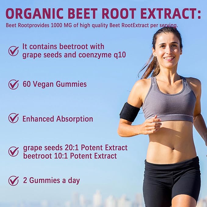 Beet Root Gummies for Blood Pressure | Sugar-Free | Beetroot Supplement with 1000 mg Beet Root, 1000 mg Grape Seed Extract & 200 mg CoQ10 | Vegan Non-GMO | Strawberry Flavor