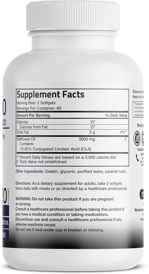 Bronson CLA 3000 Extra High Potency Supports Healthy Weight Management Lean Muscle Mass Non-Stimulating Conjugated Linoleic Acid 120 Softgels