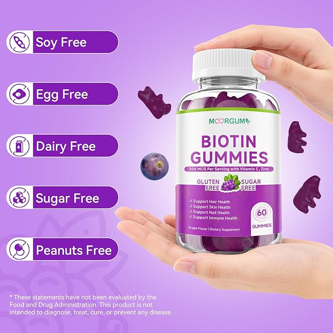Sugar Free Biotin Hair, Skin & Nails Gummies, Supports Healthy Hair, Skin and Stronger Nails, with Vitamin C, Zinc Chewable Vitamin B7 Supplements for Women & Men, Vegan, Non-GMO, Grape, 120 Count