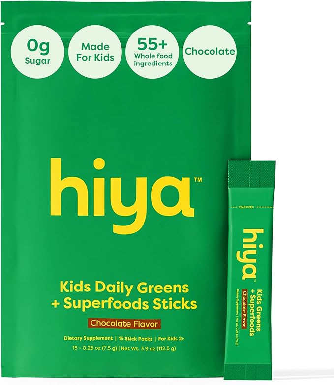 HIYA Kids Greens Powder Sticks - 55 Whole-Food Sourced Ingredients & Delicious Flavor - Greens Superfood Powder for Kids (Chocolate)