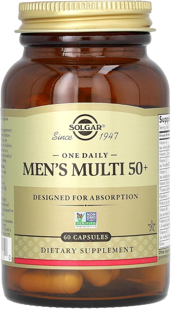 Solgar One Daily Men's Multi 50+ Whole Body Support for Men 50 and Older Highly Absorbable Delayed Release Heart, Energy, Stress, Muscle, Bone, Prostate Support Vitamin 60 Vegan Capsules, 60 Servings