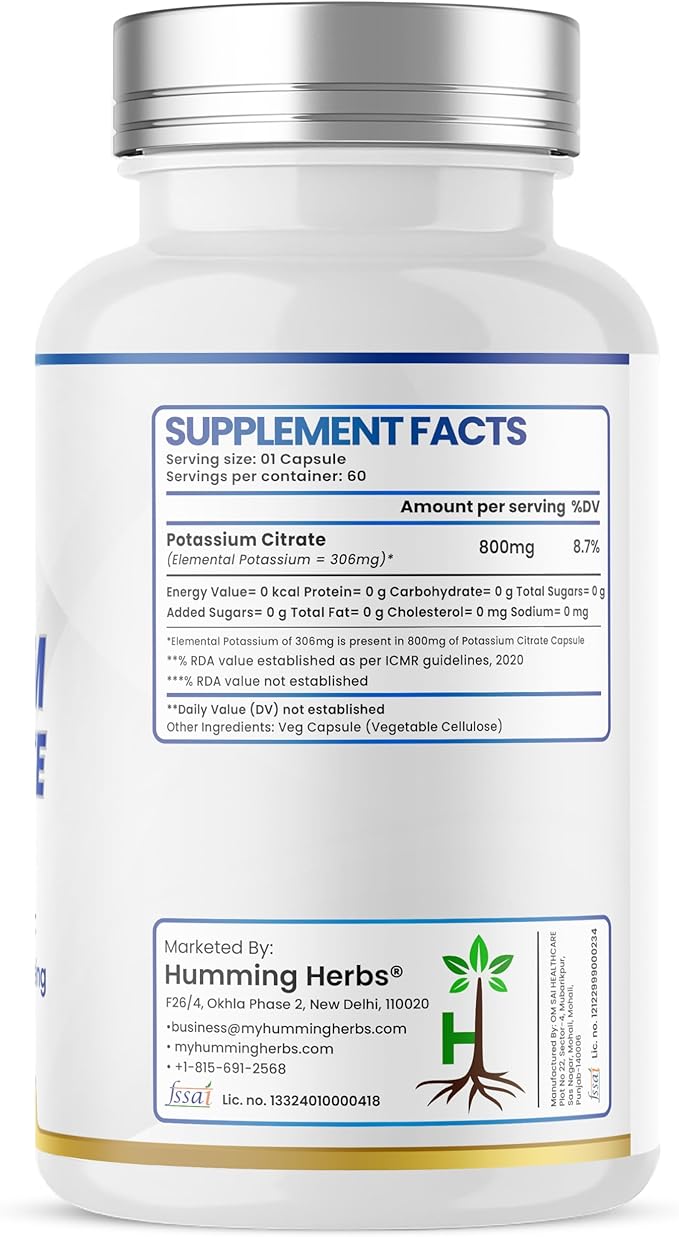 Potassium Citrate 800 mg (306 mg Elemental Potassium) – Electrolyte & pH Balance Support – Vegan, Non-GMO – 60 Capsules