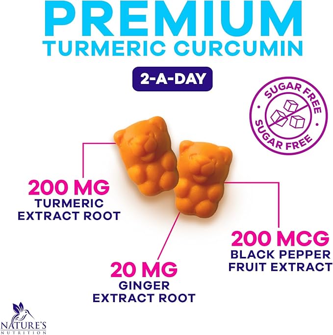 Turmeric Curcumin Gummies Sugar Free Supplement - 95% Curcuminoids with Turmeric & Ginger, Black Pepper for Best Absorption, Nature's Vegan Joint Support, Non-GMO, Tasty Peach Flavor - 60 Gummies
