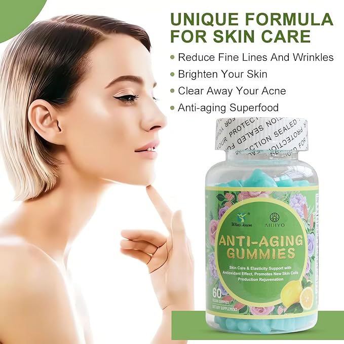 AIHIYO Anti-Aging Gummies, Promotes New Skin Cells Production Rejuvenation, Anti-Wrinkle & Antioxidant Support, Lemon Flavor, 60 Count