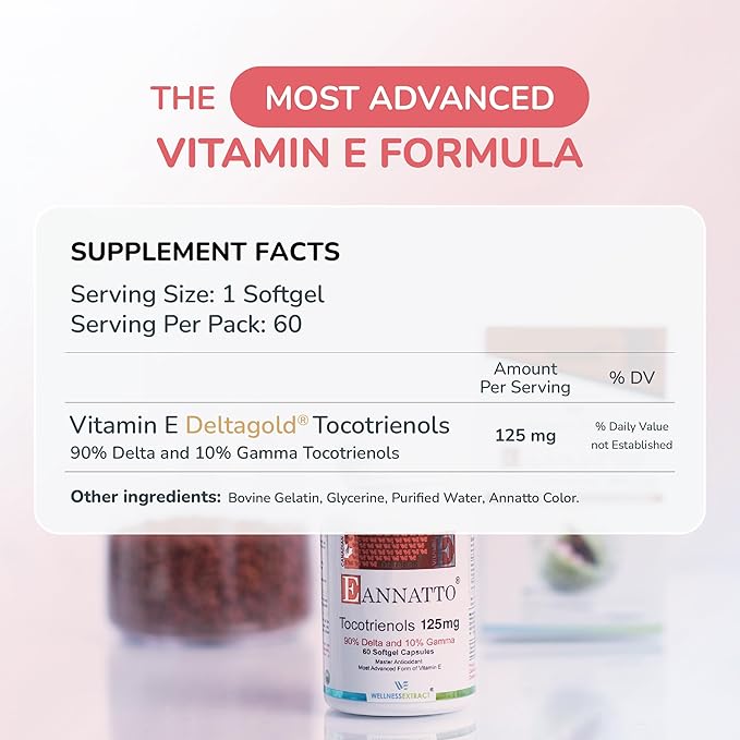 WELLNESS EXTRACT Eannatto Tocotrienols Vitamin E Supplements Tocopherol Free, Non-GMO, Gluten Free & Antioxidant (125MG 60 Softgels)