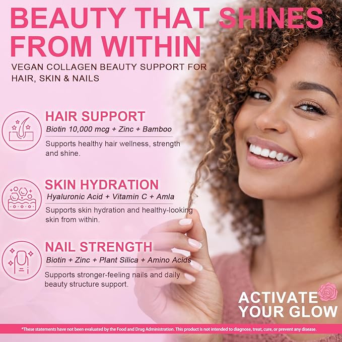 Vegan Collagen Booster with Biotin 10,000 mcg, Hyaluronic Acid, Bamboo Silica, Vitamin C & Zinc, Plant Based Hair Skin & Nails Support for Women & Men, 90 Vegan Capsules