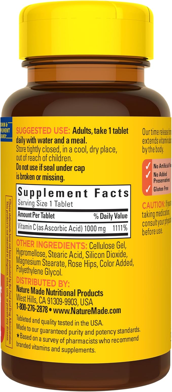 Nature Made Vitamin C 1000mg with Rose Hips, Dietary Vitamin C Supplement for Immune Support, 60 Time Release Tablets, 60 Day Supply