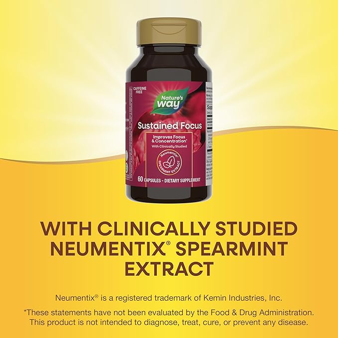 Nature’s Way Sustained Focus, Improved Focus & Concentration*, with Clinically Studied Neumentix Spearmint Extract, L-Theanine, 60 Capsules (Packaging May Vary)
