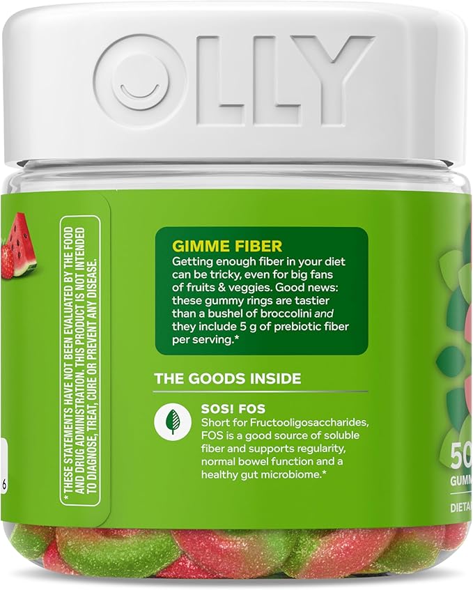 OLLY Fiber Gummy Rings, 5g FOS Prebiotic Fiber, Digestive Health Supplement,* Strawberry Watermelon Flavored, 25 Day Supply - 50 Count
