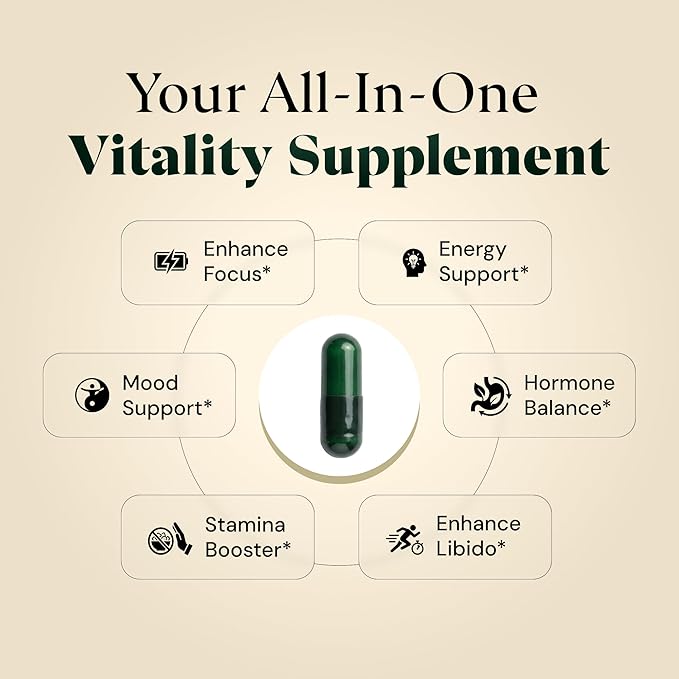 3-in-1 Organic Black Maca Root for Men and Women with Ashwagandha and Fenugreek - 1600 mg Complex - Non-GMO, Gluten-Free, Vegan (60 Capsules)