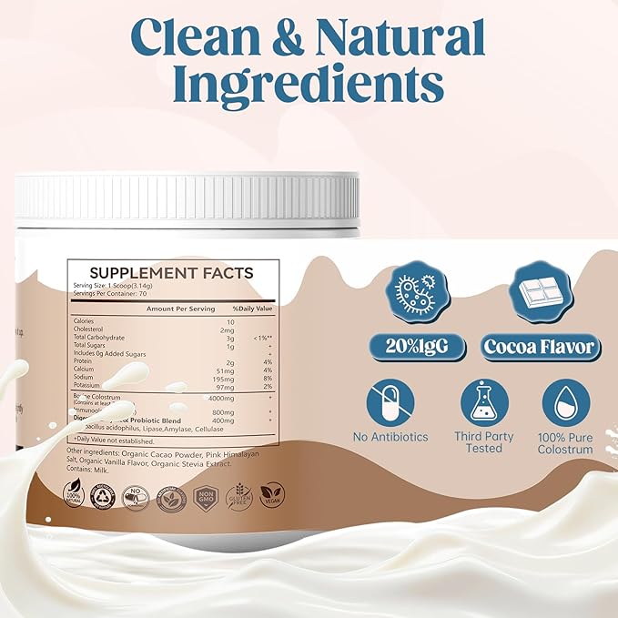 Organic Chocolate 4000mg Grass Fed Bovine Colostrum Powder + Probiotics Colostrum Supplement for Gut Health, Immune Support Healthy, 70 Servings