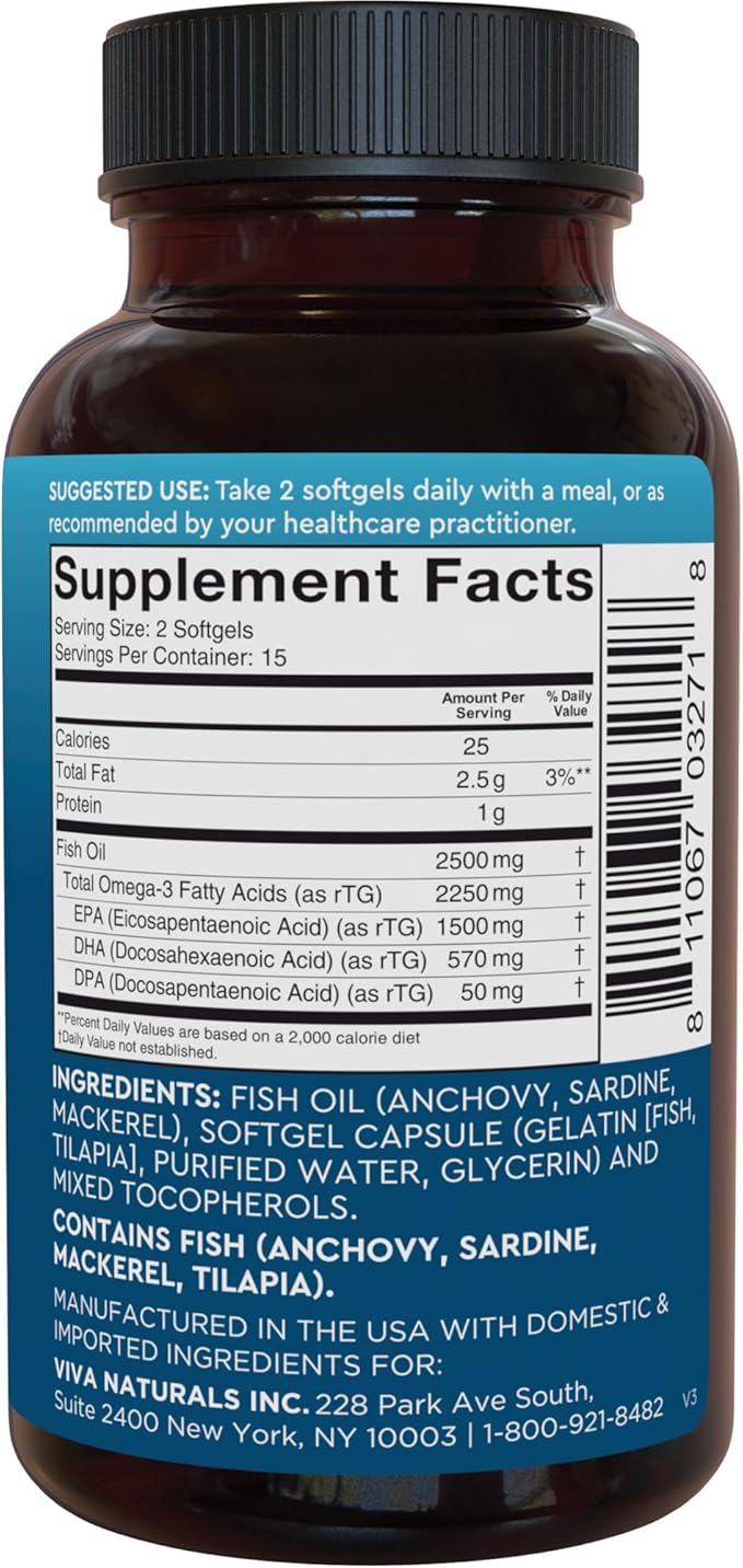 Viva Naturals Omega-3 Fish Oil, Triple Strength, 2500 mg, 30 Softgels – Re-Esterified Omega 3 Fatty Acids Including EPA, DHA, DPA - Pascatarian-Friendly