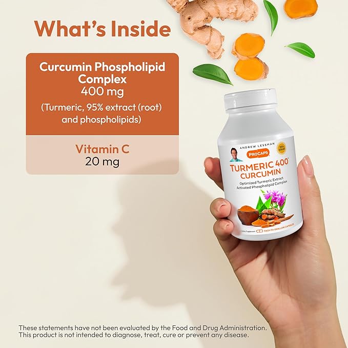 ANDREW LESSMAN Turmeric 400mg - 240 Capsules - 95% Curcuminoids as Phospholipid Complex for Optimum Benefits and Absorption, High Potency Standardized Extract, Small Easy to Swallow Capsules