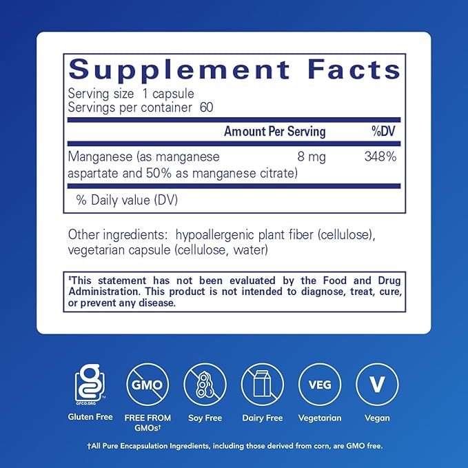 Pure Encapsulations Manganese (Aspartate/Citrate) | Hypoallergenic Trace Mineral Supplement for Connective Tissue and Bones | 60 Capsules