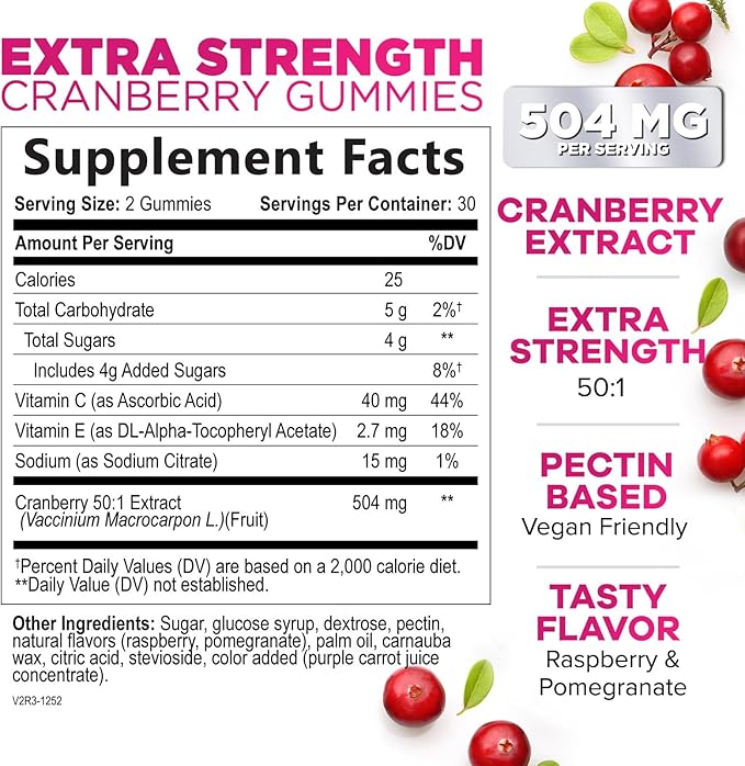 Cranberry Extract 504mg Per Serving - Cranberry Gummies for Urinary Tract Health Support - Helps Cleanse & Protect, Cran Berry Gummy Supplement + Vitamin C, Chewable Cran for Women - 60 Gummies