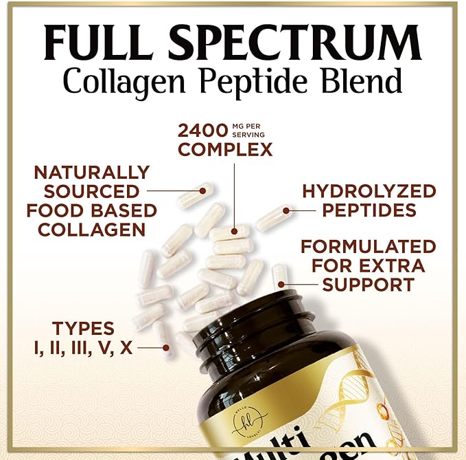 Multi Collagen Peptides for Women & Men - 2400mg per Serving - Best Hydrolyzed Collagen Complex with Type I, II, III, V, X - Hair, Skin, Nails & Joint Support Supplement - Bottled USA - 60 Capsules
