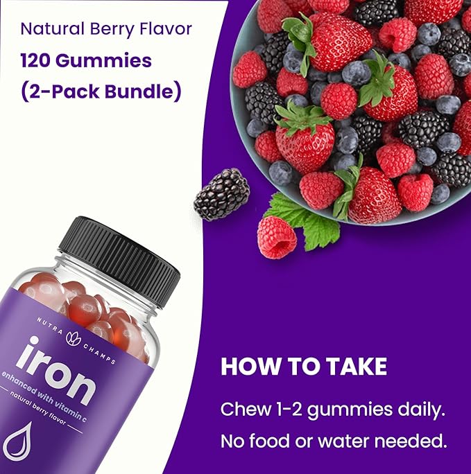 NutraChamps Iron Gummies with Vitamin C, 20mg Iron Blood Cell Formation Support, 120 Gummies for Iron Deficiency & Anemia, Energy, Focus, Immune Boost Pack of 2