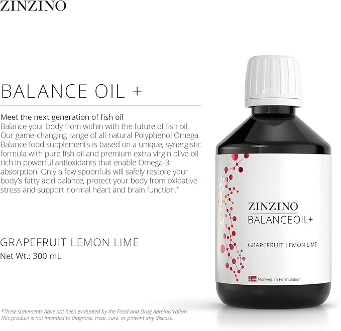 Zinzino - BalanceOil+ Grapefruit Lemon Lime - Fish Supplement with Extra Virgin Olive Oil, Omega-3 (EPA+DHA), Polyphenols, and Vitamin D3 - (300 ml)
