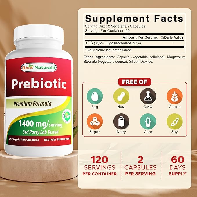 Best Naturals Prebiotics Fiber XOS (Xylo Oligosaccharide) 1400mg Serving 120 Veg Capsules (Pack of 2)