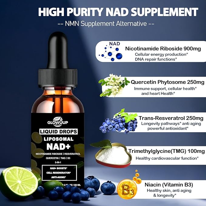 NAD Supplements for Women & Men, Liposomal NAD Nicotinamide Riboside Resveratrol 900mg w. B3 Vitamin Quercetin TMG, Liquid Resveratrol NAD Plus Supplement for Anti-Aging Energy Focus Longevity
