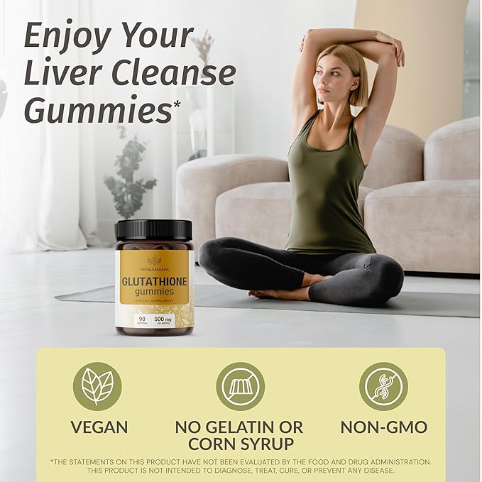 HERBAMAMA Reduced Glutathione Gummies - 500mg L-Glutathione for Liver Cleanse Support - Vegan, Non-GMO Liver Supplement - 90 Pectin-Based Banana-Flavored Chews.
