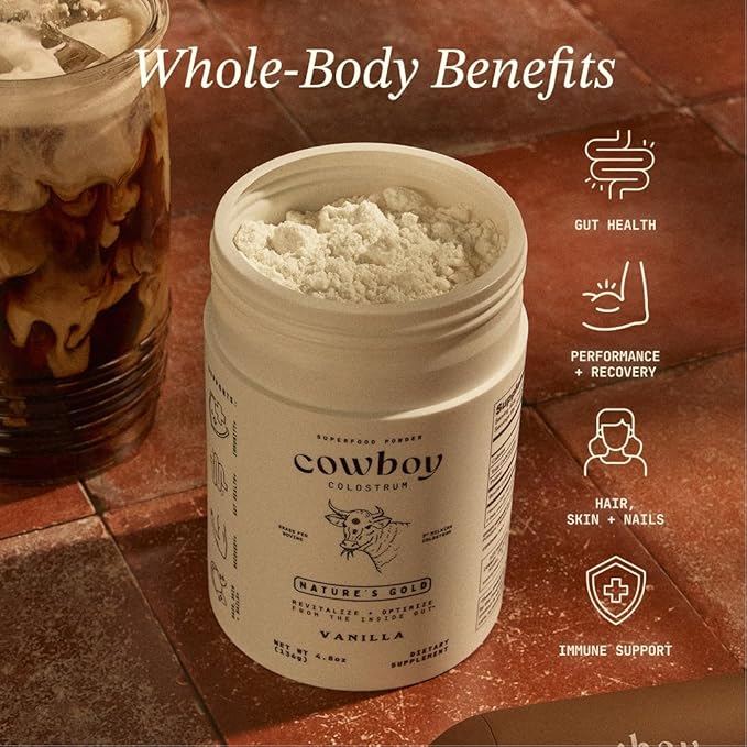 Cowboy - The Exclusive 1st Milking, Whole, Grass Fed Colostrum Supplement for Full Body Health - Bovine Colostrum Powder Packed w/Bioactive Nutrients - Sugar Free (Vanilla, 40 Servings)