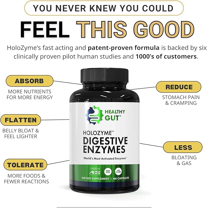 Healthy Gut HoloZyme Max Strength Digestive Enzymes | FODMAP-Friendly Formula Prevents Bloating, Gas, & Indigestion w/Protease, Amylase, Lipase, Lactase, and More | 90 Servings