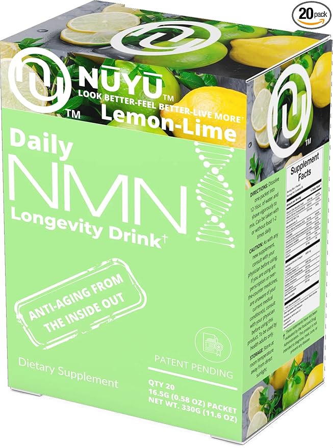 NUYU Labs Daily NMN Longevity Drink, All-in-One Anti-Aging Supplement with Pterostilbene, TMG, Calcium AKG, Collagen Peptides, B Complex, Vitamins B, C, D3, K2-MK7 (Lemon-Lime)