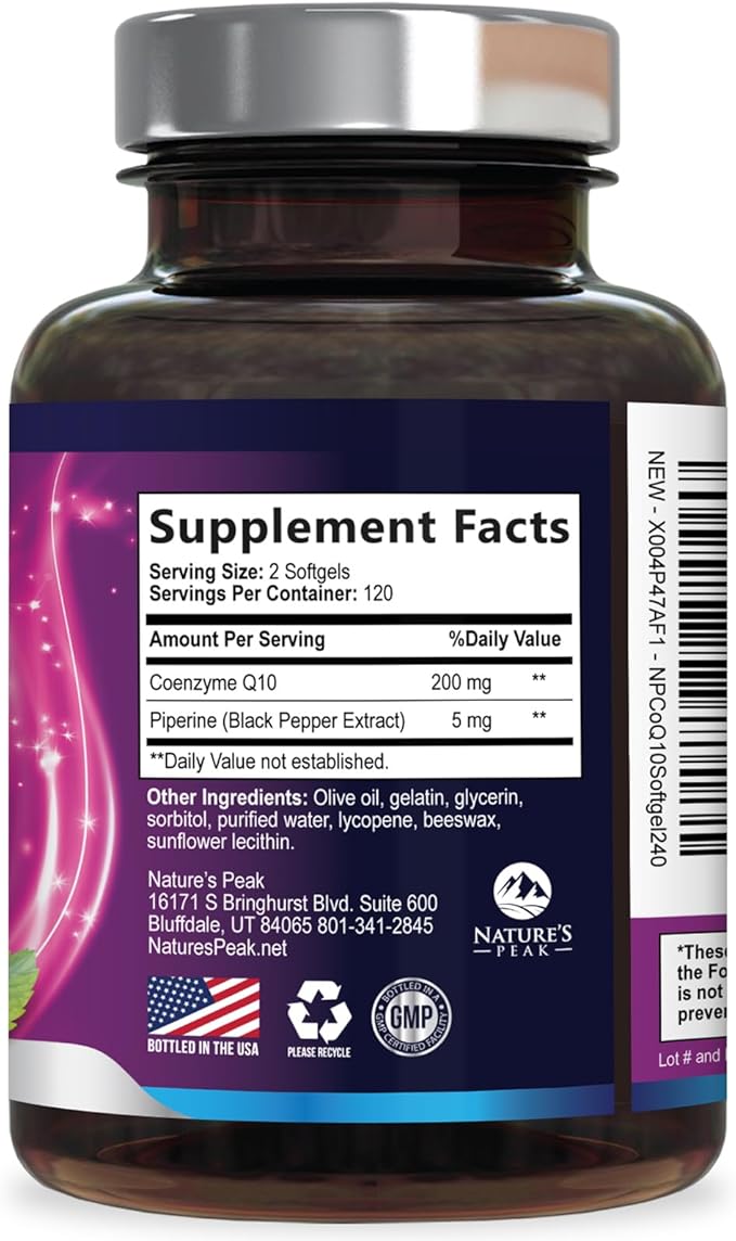 CoQ10 Softgels - Ultra High Absorption Coenzyme Q10 200mg Per Serving - Co Q 10 Softgel Supplement With Black Pepper, Energy & Heart Support Antioxidant - for Women & Men, Bottled USA - 240 Softgels