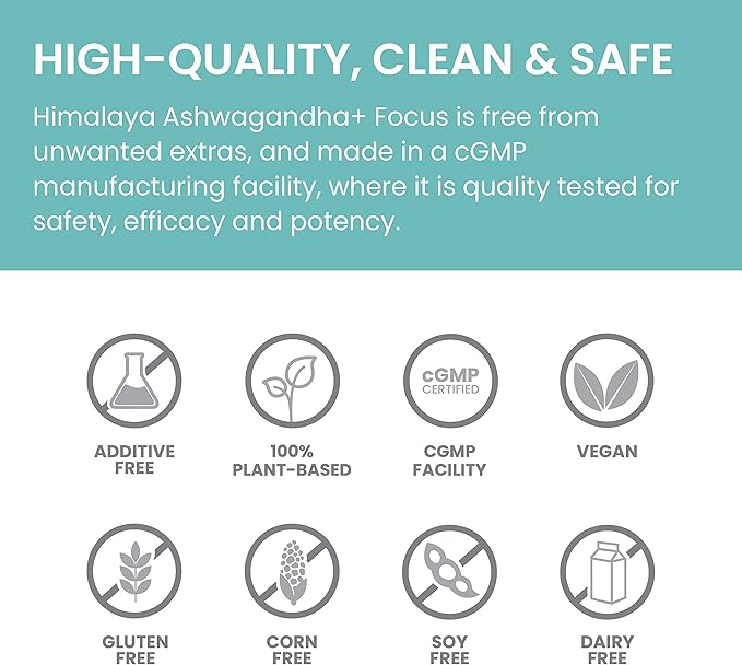 Himalaya Ashwagandha+ Focus - Herbal Focus Supplement with B12, Rosemary, Green Tea, and Bacopa Nootropics for Memory and Clarity - Vegan, Non-GMO, Gluten Free, 1690 mg, 60 Caplets