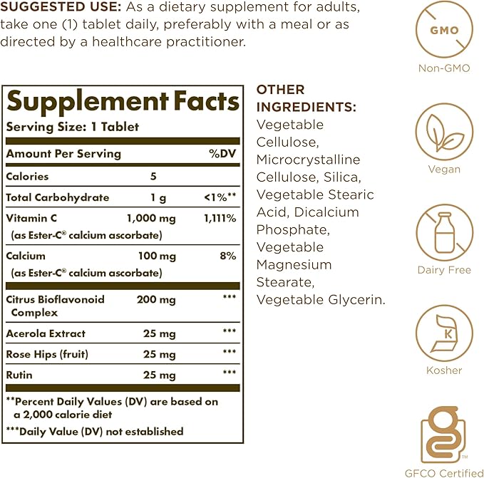 Solgar Ester-C Plus 1000 mg Vitamin C (Ascorbate Complex) - 180 Tablets, Pack of 2 - Gentle & Non Acidic - Supports Upper Respiratory Health - Non-GMO, Gluten Free - 360 Total Servings
