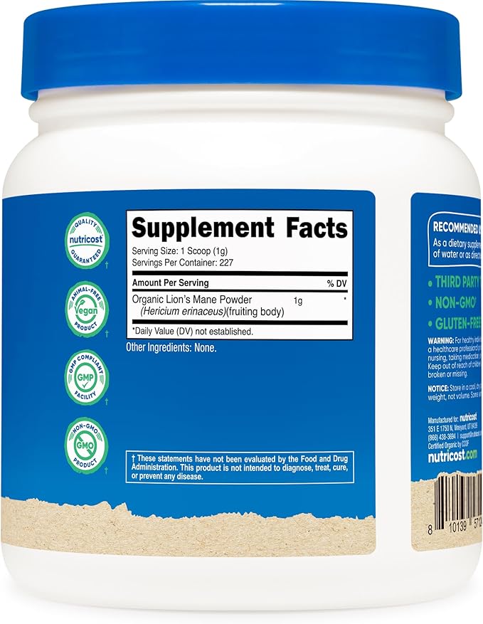 Nutricost Organic Lion's Mane Mushroom Powder (8 oz) - 227 Servings, Certified USDA Organic Supplement