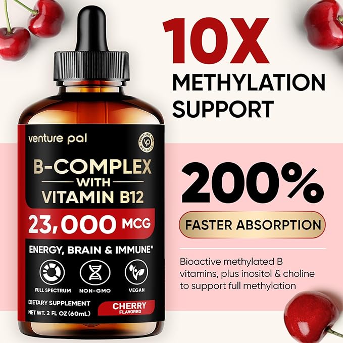 Venture Pal Vitamin B Complex Liquid Drops, B12 Methylcobalamin | B9 Folic | B1,B2,B3,B5,B6,B14 - Vitamin C, Choline, Inositol, Immune & Energy Metabolism, Brain & Heart Support