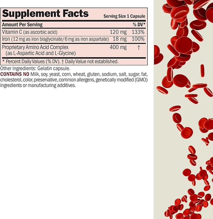 ANDREW LESSMAN Iron Plus 360 Capsules - 18mg Iron, 100% Pure Amino Acid Chelated Iron (Glycinate, Aspartate), Plus Vitamin C for Increased Absorption, Small, Easy to Swallow Capsules, No Additives