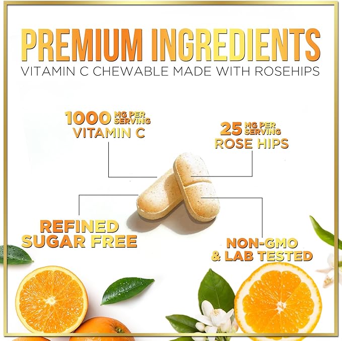 Vitamin C 1000mg Per Serving - Extra Strength with Rose Hips Bioflavonoids - Sugar Free Vitamin C Chewable Pills, Vit C Supplement for Immune Support & Antioxidant, USA Bottled - 120 Chewable Tablets
