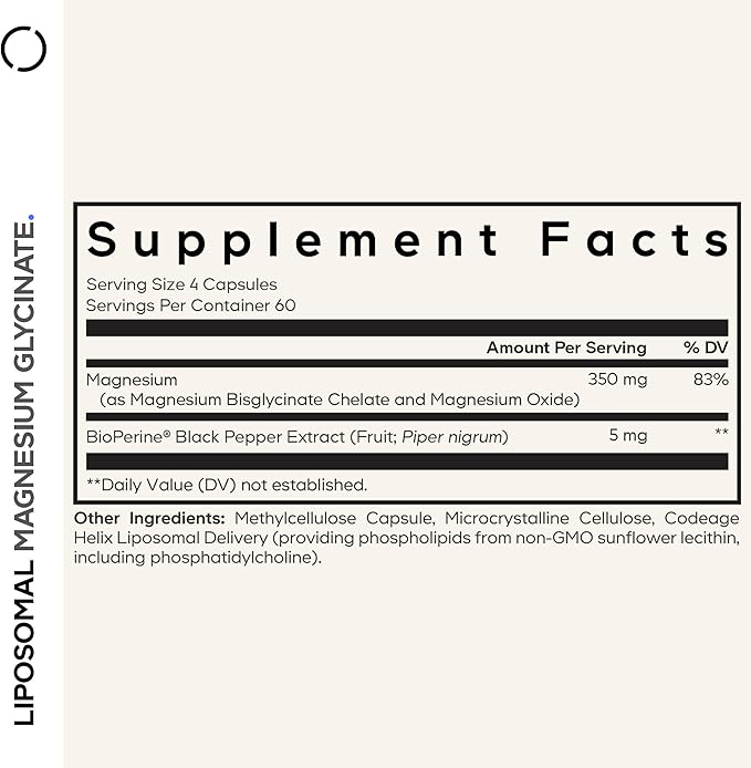 Codeage Liposomal Magnesium Glycinate Supplement, 2-Month Supply, Bisglycinate Magnesium Chelate, Chelated Magnesium Mineral Pills, BioPerine Black Pepper Vitamins Capsules, Non-GMO Vegan, 240 ct