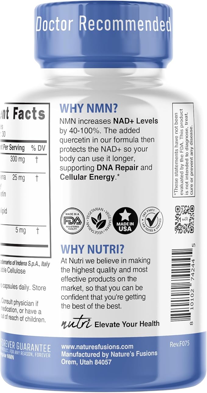 Nutri NMN Supplement 300mg NAD Supplement - (2 Pack) Ultra High Absorption Nicotinamide Mononucleotide, 40% More NAD+ with Quercetin Phytosome & Black Pepper - 120 Capsules - 3rd Party Tested