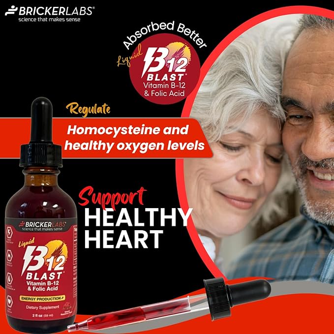 Bricker Labs B-12 Blast Liquid Vitamin B12 and Folic Acid Supplement, Support Energy Production, Great Tasting Liquid Vitamin B12 Dietary Supplement in Natural Raspberry Flavor, 2 fl oz Bottle