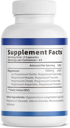 1000mg Magnesium Complex for Women & Men*, 8 Elemental with Magnesium Glycinate, Citrate, Malate, Taurate, Oxide, Carbonate, Aspartate, Orotate for Bones, Muscle, Recovery, Energy, Vegan, 90 Capsules