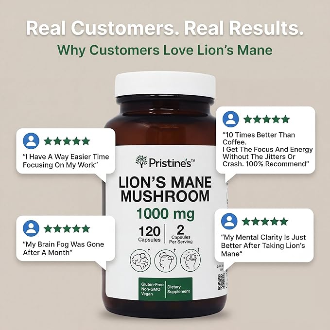 PRISTINE'S Lion's Mane Mushroom Supplement Capsules - Focus & Cognitive Function Adaptogen - 1000mg 60 Day Supply - Immunity, Memory and Focus for Adults - Vegan - Non-GMO Glass Bottle