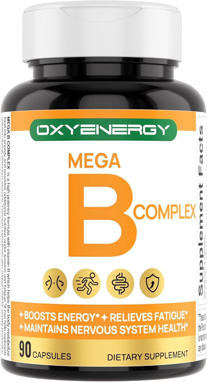 OxyEnergy Mega Vitamin B Complex for Women and Men, with Choline Inositol Biotin Folic Acid B1 B2 B3 B5 B6 B12, Neurological Health Support Cellular Energy - 90 Capsules,45Days Supply