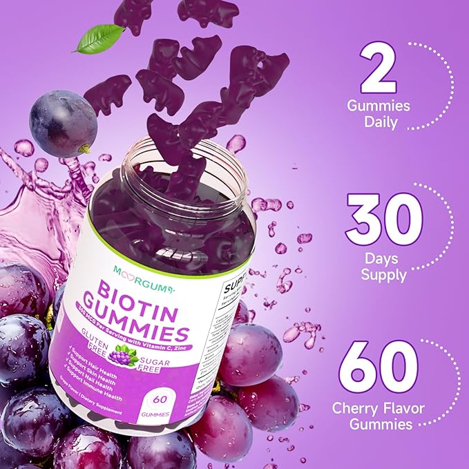 Sugar Free Biotin Hair, Skin & Nails Gummies, Supports Healthy Hair, Skin and Stronger Nails, with Vitamin C, Zinc Chewable Vitamin B7 Supplements for Women & Men, Vegan, Non-GMO, Grape, 120 Count