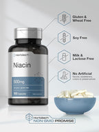 Horbäach Niacin | Vitamin B3 500mg | 100 Capsules | with Flushing | Non-GMO, and Gluten Free Supplement