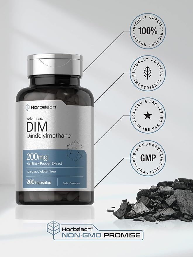 Horbäach DIM Supplement | 200mg | 200 Capsules | Diindolylmethane with Black Pepper Extract | Non-GMO, Gluten Free Formula