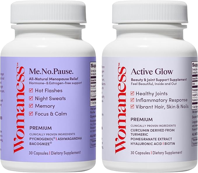 Womaness Menopause Wellness Duo for Women – Hormone Balance Support + Hair Skin & Nails Formula – Ashwagandha, Pycnogenol, Bacopa, Biotin & Hyaluronic Acid – 2 Bottles, 30 Capsules Each