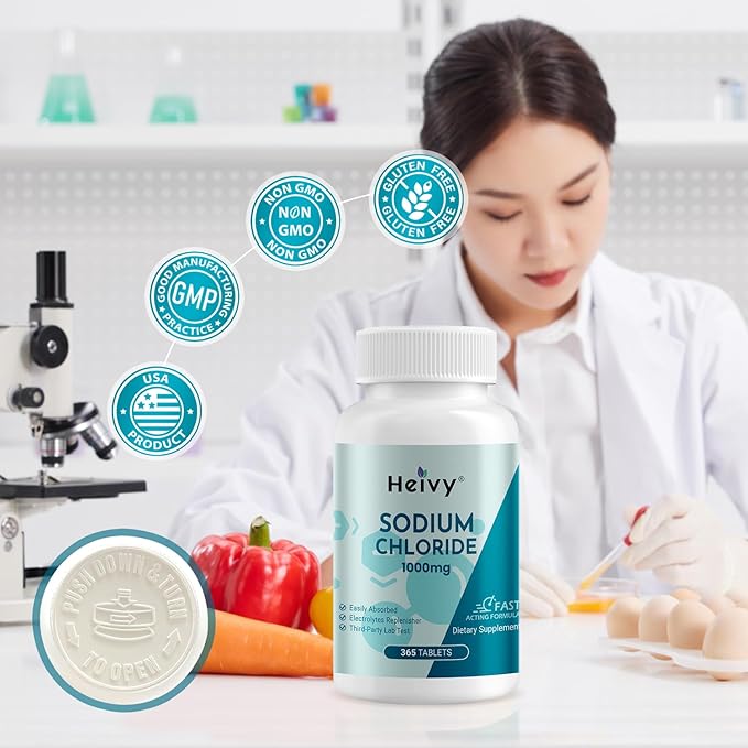 Heivy Sodium Chloride Tablets 1000mg - Pure Salt Tablets, 365 Tablets, Sodium Chloride, Non-GMO - Electrolyte Balance and Hydration Support, Electrolytes Replenisher Hydration Drink