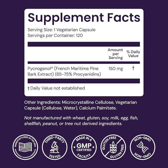 Healthy Origins Pycnogenol 150 mg, 120 Veggie Capsules - 100% Clinically Studied French Maritime Pine Bark Extract - Supports Healthy Heart, Joint Health & Skin Elasticity - 4 Month Supply