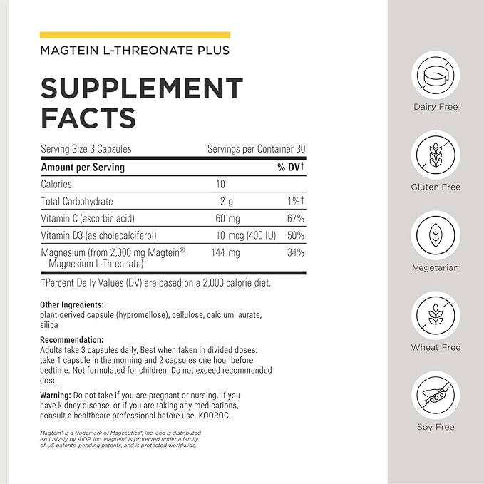 Integrative Therapeutics Magtein L-Threonate Plus - Brain Function Supplement to Support Short-Term Memory* - Includes Vitamin C, D3 & Magnesium - Dairy-Free & Gluten-Free - 90 Capsules (30 Servings)